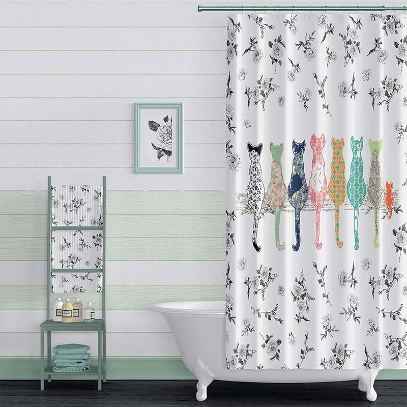 Floral Cats Print Shower Curtain - Exclusive Design, Waterproof Fabric, Washable & Includes 12 Hooks - Image 4