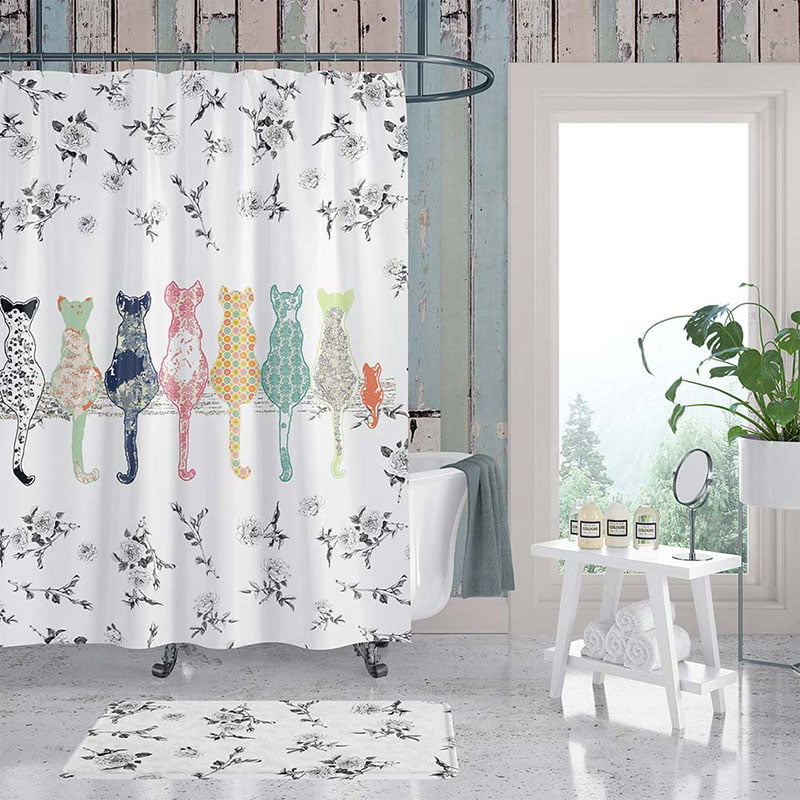Floral Cats Print Shower Curtain - Exclusive Design, Waterproof Fabric, Washable & Includes 12 Hooks - Image 3