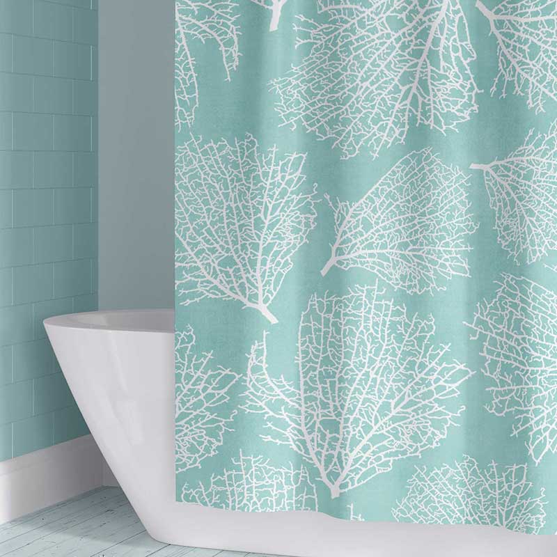 Water-repellent coastal blue shower curtain with white coral design