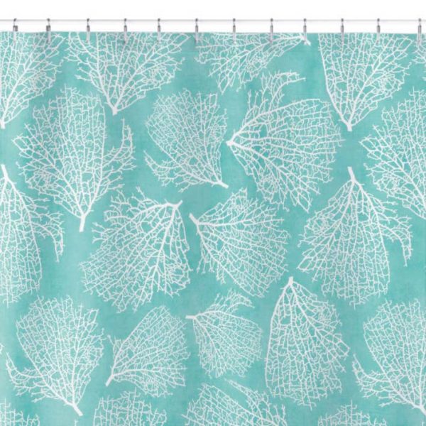 Coastal blue fabric shower curtain with coral reef design