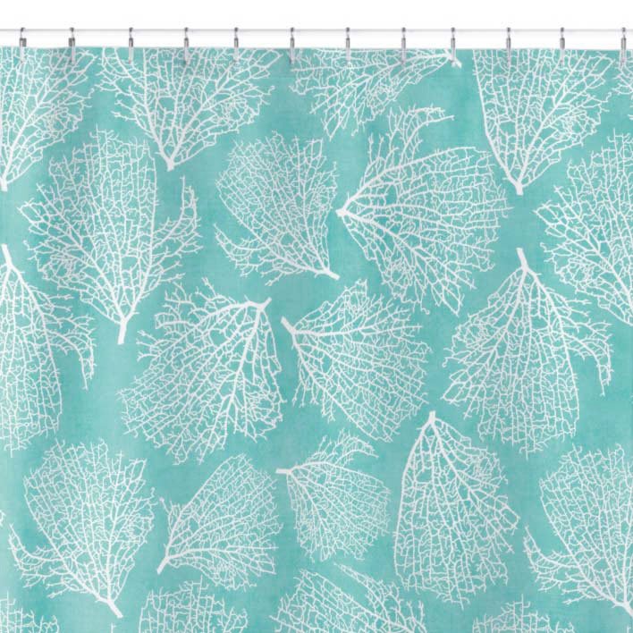 Coastal blue fabric shower curtain with coral reef design