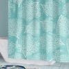Beach-themed fabric shower curtain in coastal blue with coral print