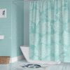 Water-repellent coastal blue shower curtain with white coral design