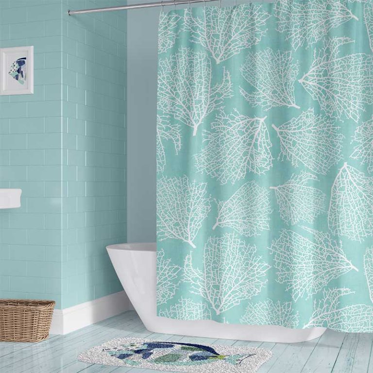 Water-repellent coastal blue shower curtain with white coral design