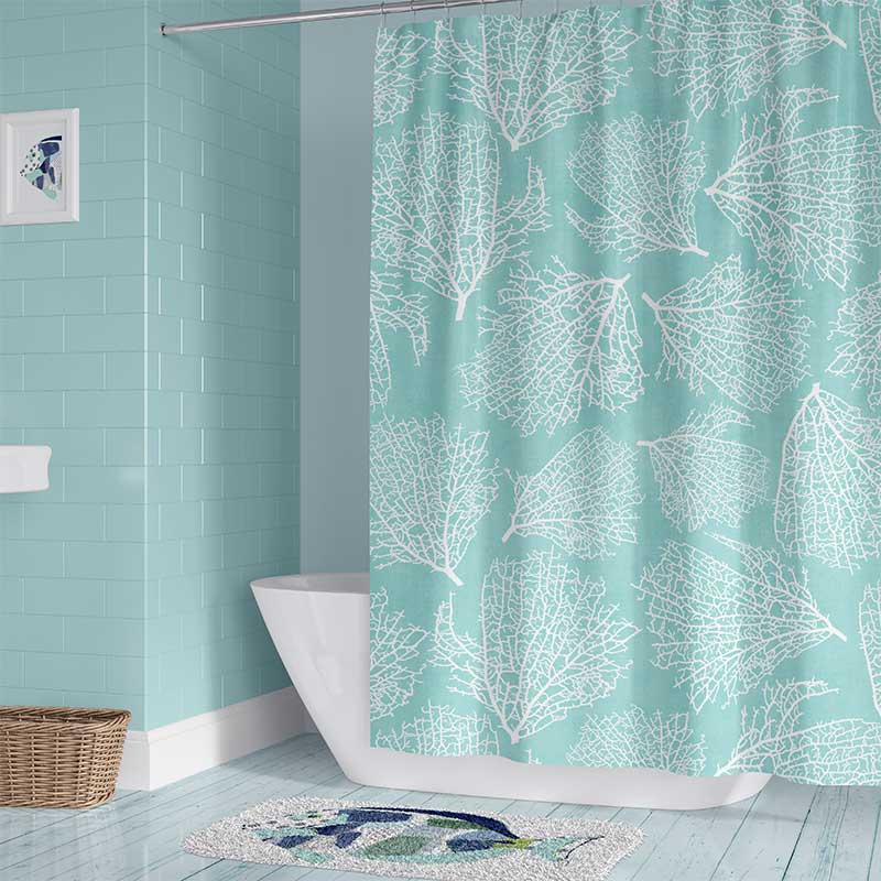 Water-repellent coastal blue shower curtain with white coral design