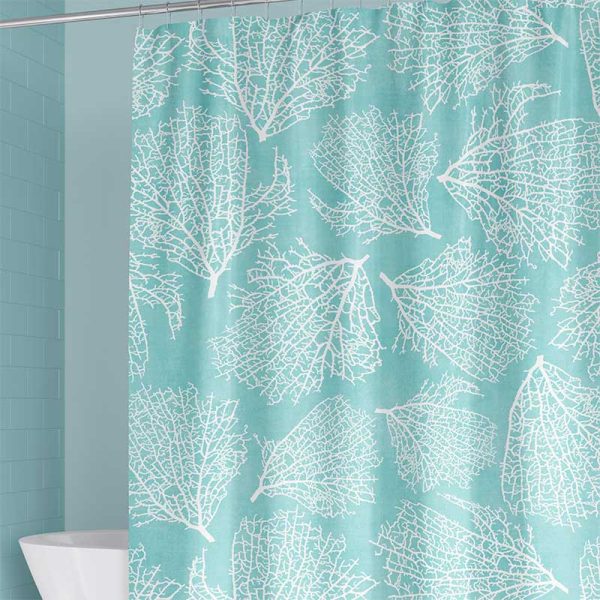 Coastal blue fabric shower curtain with coral reef design