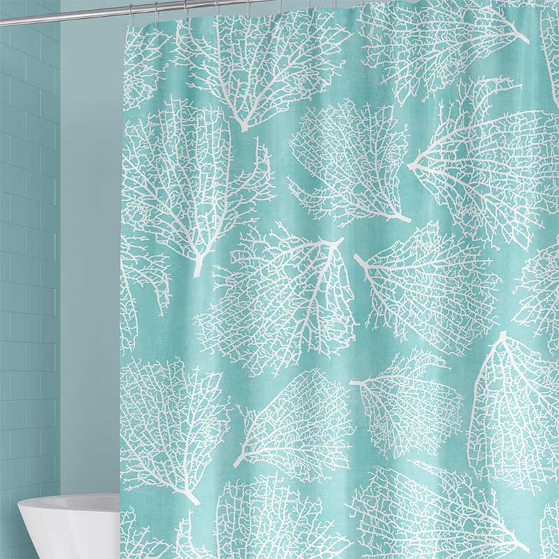 Coastal blue fabric shower curtain with coral reef design
