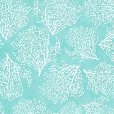 Close-up of white coral print on coastal blue fabric shower curtain