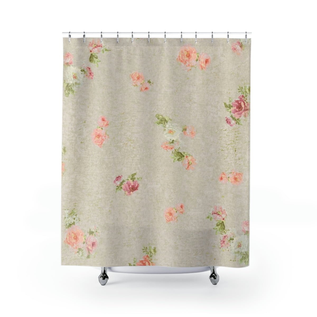 PREMIUM Luxurious Beige Shower Curtain With Apricot & Pink Floral Design - Mold & Mildew Resistant - Waterproof - 71x74 inches - Image 5