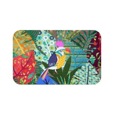 Non-Slip Kids Bath Mat with Colorful Tropical Jungle Bird Design - Absorbent Microfiber - 34