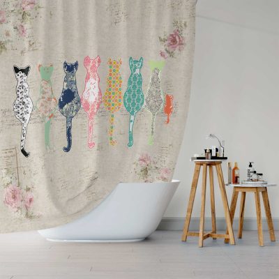 PREMIUM Designer Beige And Floral Cat Shower Curtain - Mold Resistant Fabric - Waterproof - 71x74 inches - Artist Designed Pink Blurred Rose Flowers And Cats
