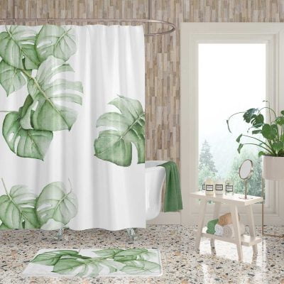 Luxury-Palm-Leaf-Shower-Curtain – White-Fabric-with-Tropical-Green-Leaves – Non-Toxic-Mold-Resistant