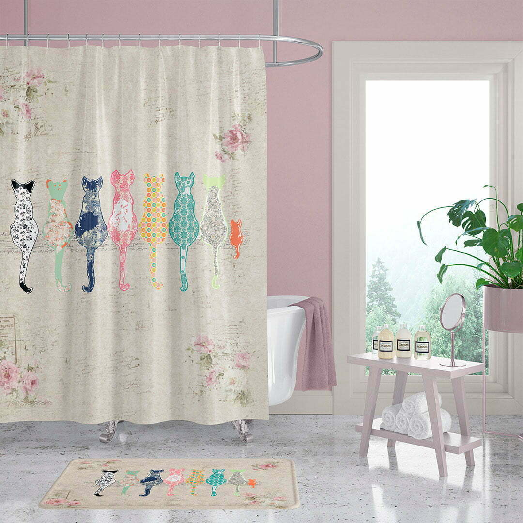 Fabric Shower Curtain with Blurred Roses and Cat Pattern