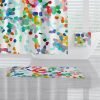 Bright and colorful abstract shower curtain for modern bathroom decor.