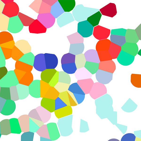 Close-up of vibrant and geometric shapes print on shower curtain.