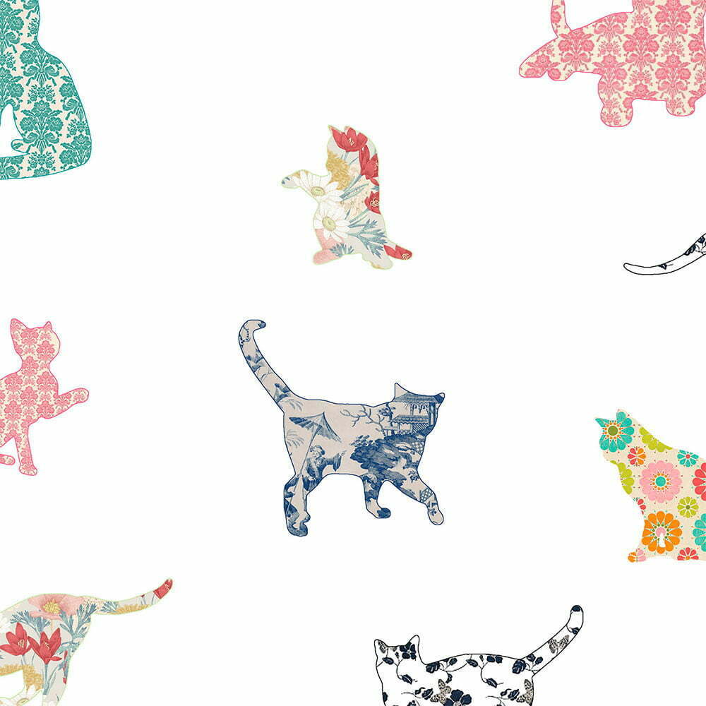 A close-up shot of the artwork of the Farmhouse Cats shower curtain.