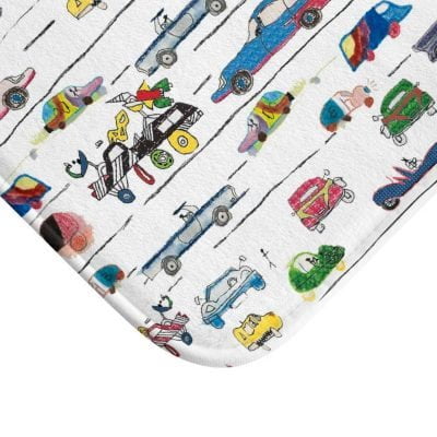 Colorful cars patterned microfiber bath mat for little boys' bathroom.