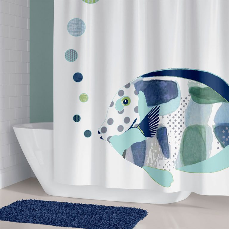Standard Size Shower Curtain with Big Blue Fish Design