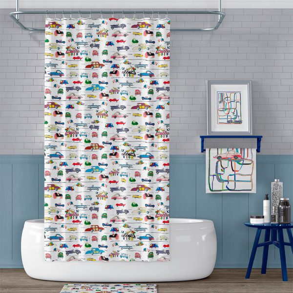 Fun bathroom decor with Handrawn Crazy Cars Kids Shower Curtain