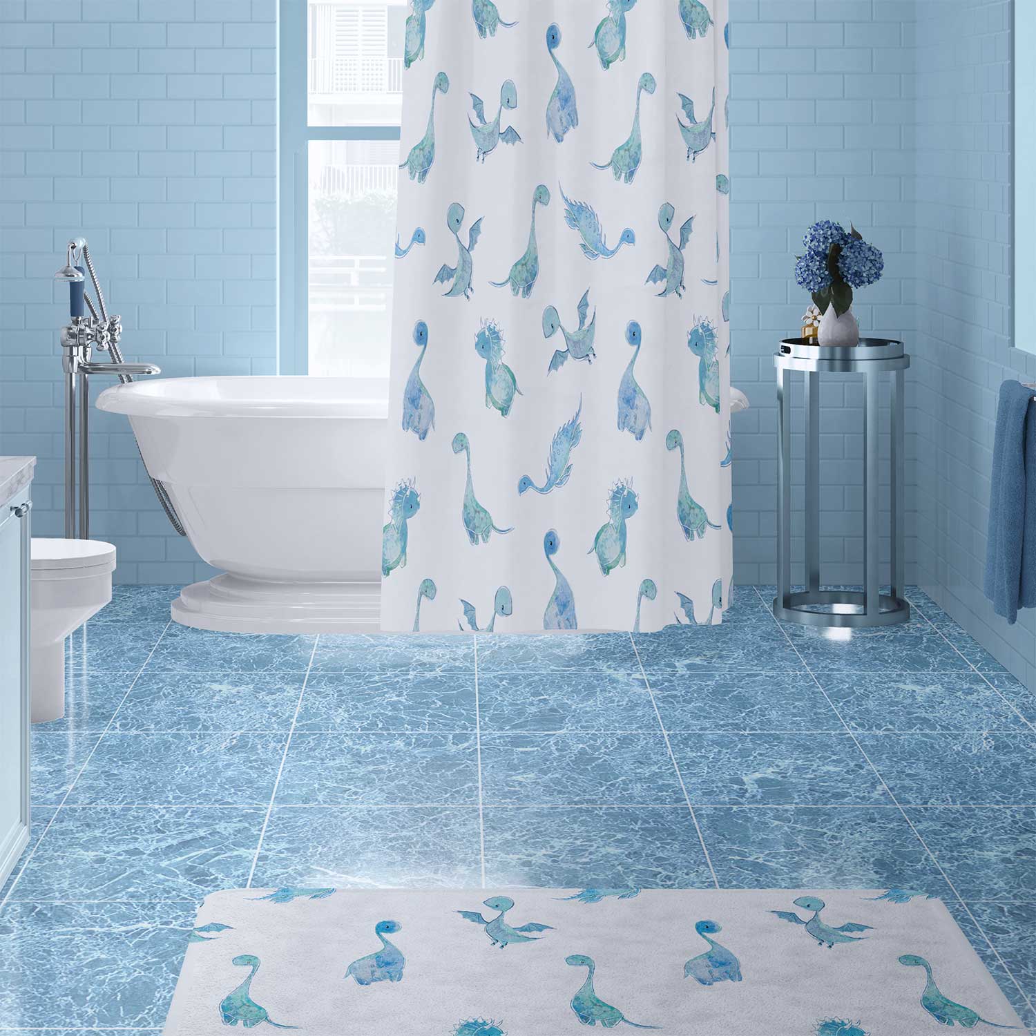 Playful blue dinosaur shower curtain for kids' bathroom.