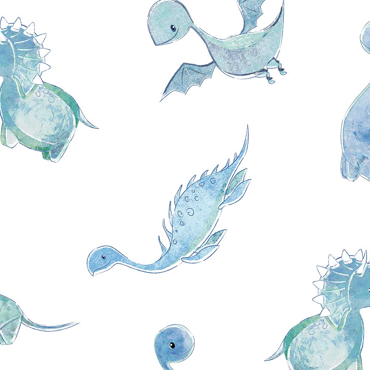 Close up of cute blue baby dinosaur print on shower curtain.