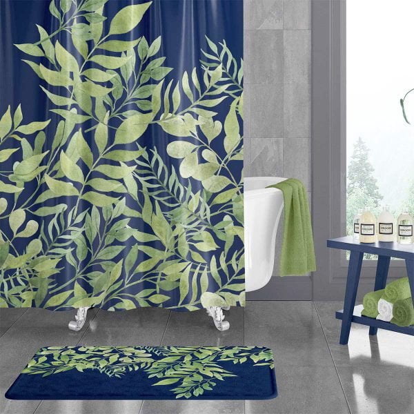 Add a touch of sophistication to your bathroom with this royal blue and green watercolor leaves shower curtain