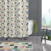 Modern shower curtain with a unique abstract pattern.