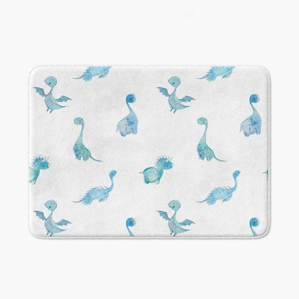 Blue dinosaur patterned bath mat for a baby boy's bathroom
