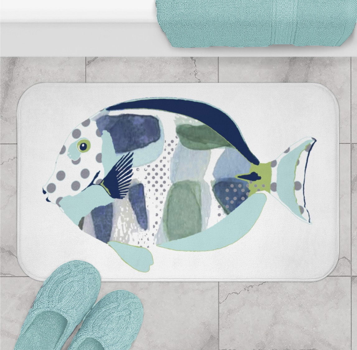 cute blue fish bathmat for kids bathroom set