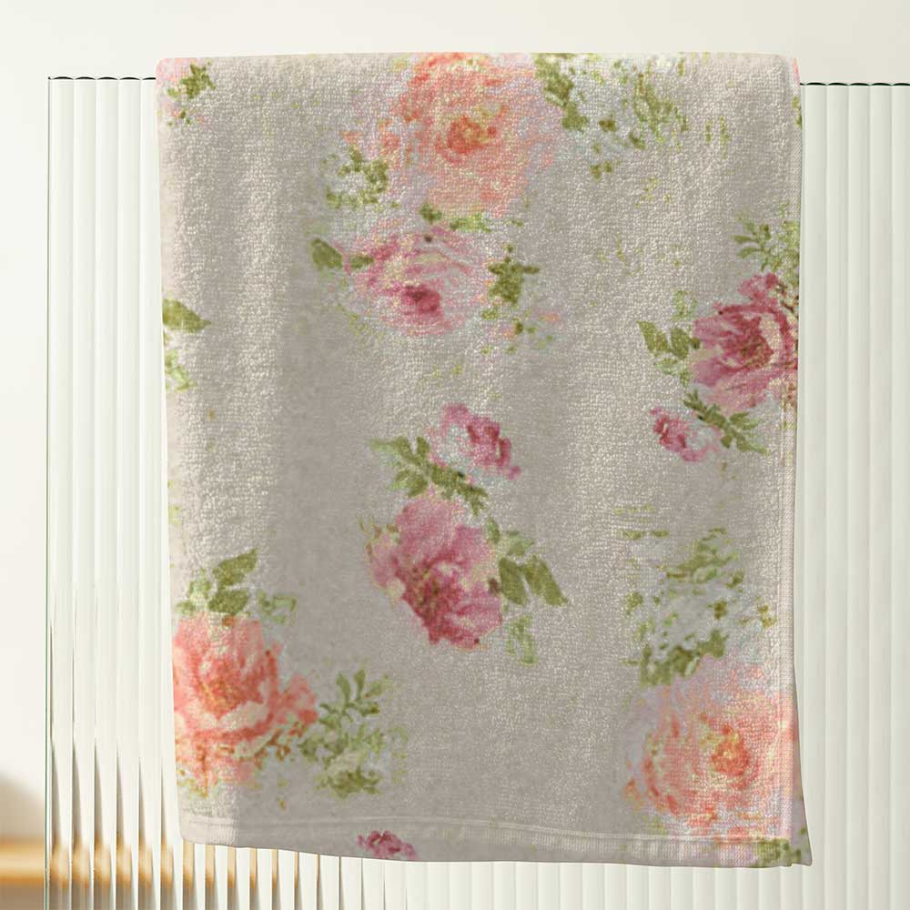 Apricot and Pink Rose Floral Patterned Bath Towels