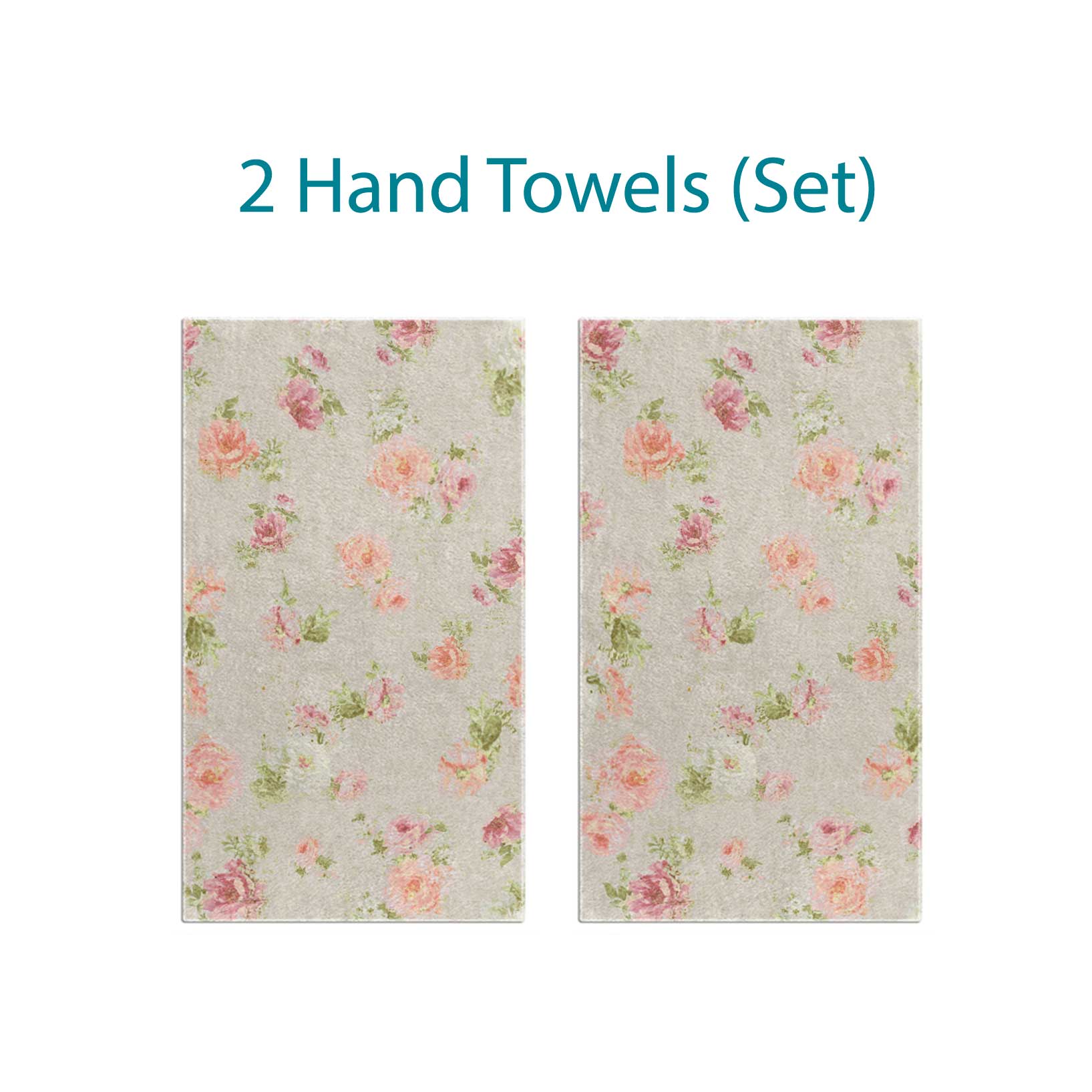 Beige Hand Towel Set With Shabby Chic Style Pink And Apricot Blurred Rose Floral Pattern
