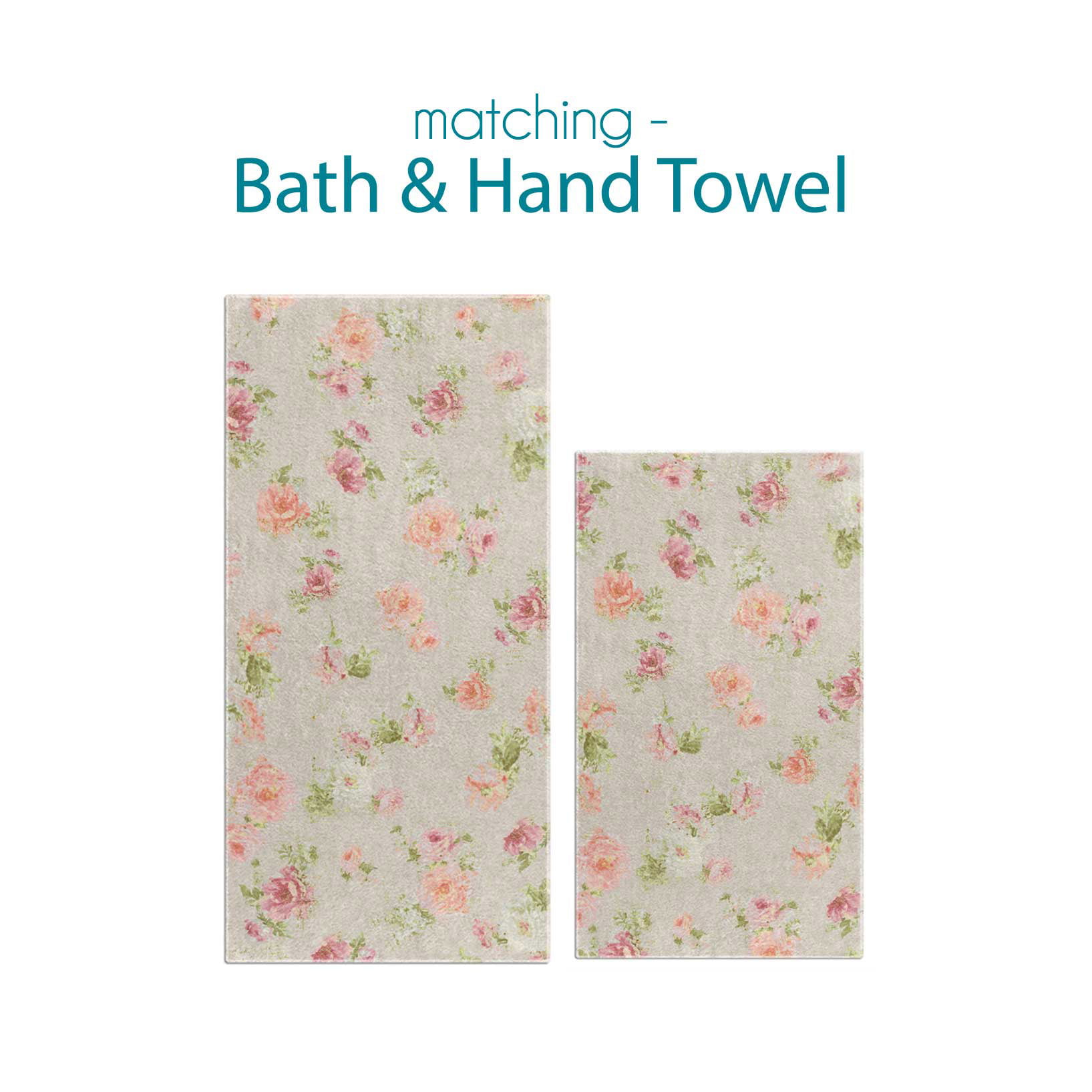 Beige Bath and Hand Towel Set With Shabby Chic Style Pink And Apricot Blurred Rose Floral Pattern