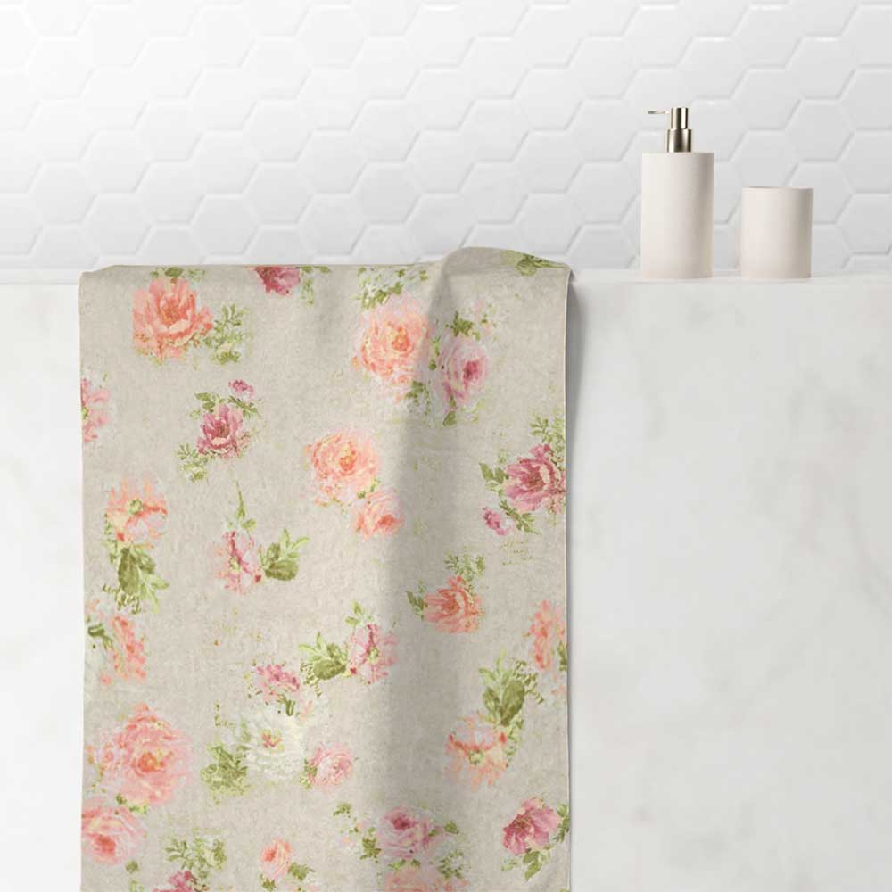 Beige Hand Towel With Shabby Chic Style Pink And Apricot Blurred Rose Floral Pattern