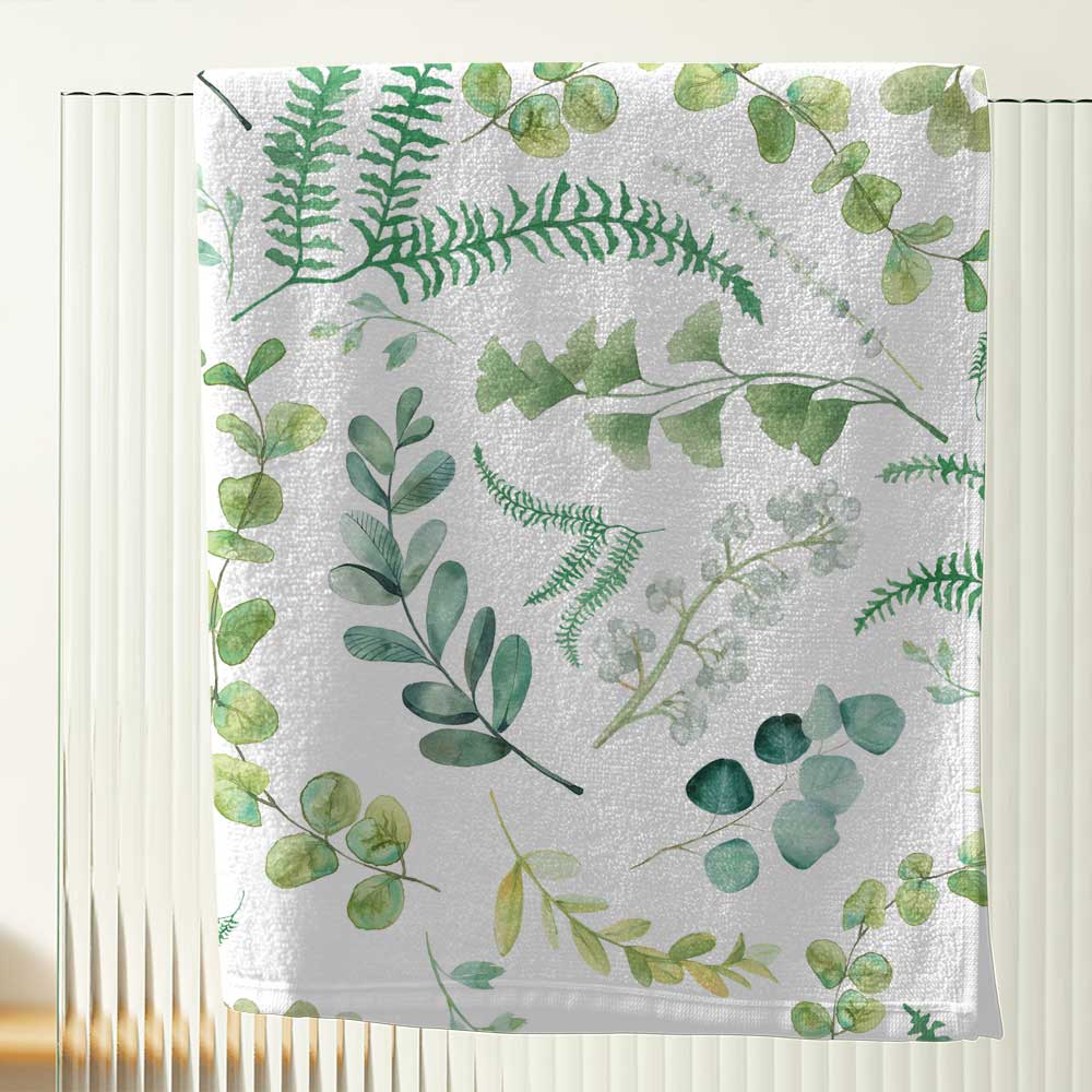 White Bath Towels With Leafy Green Floral Printed Velour and Cotton Terry Loop Back