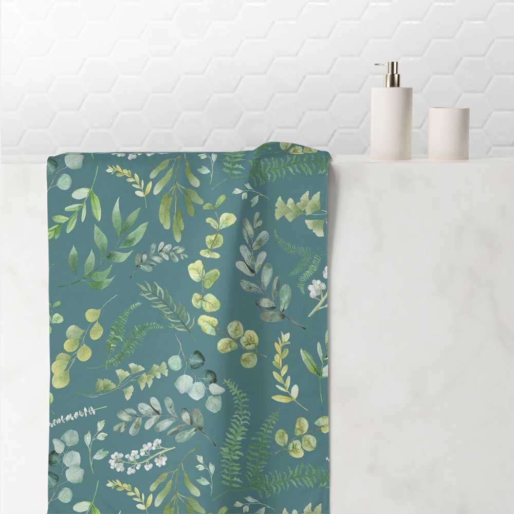 Stylish Leafy Green Teal Watercolor Floral Hand Towel by Ozscape Designs