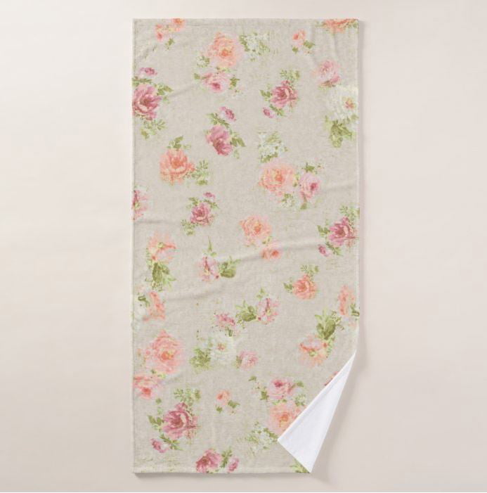 Beige Bath Towel With Shabby Chic Style Pink And Apricot Blurred Rose Floral Pattern