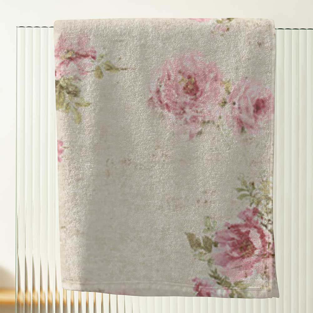 beige and pink floral velour bath towels with white cotton terry loop back