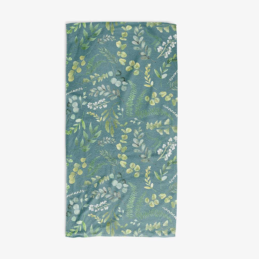 Elegant Leafy Green Watercolor Floral Bath Towel in Teal by Ozscape Designs
