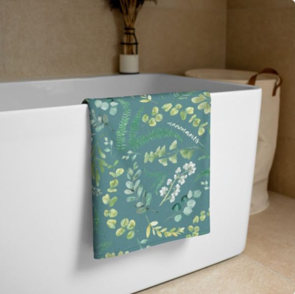Teal Green Printed Floral Bath Towel