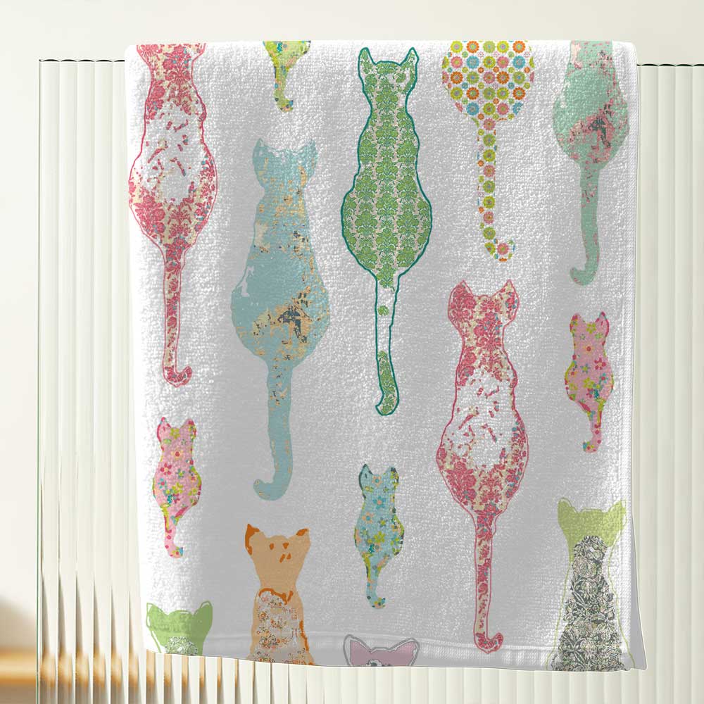 Luxurious Floral Cats Printed Towel Collection With 100% Cotton Terry Loop Back, Pastel And White Velour Face - Hand, Bath & Beach Size Available - Image 3