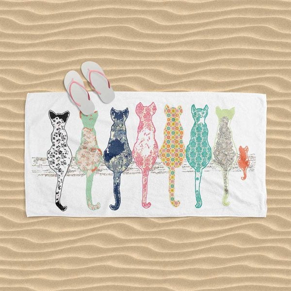 Stylish Floral Cats Patterned Beach Towel by Ozscape Designs