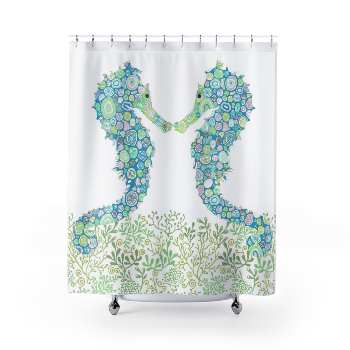 Kids Shower Curtain with blue and green seahorse design