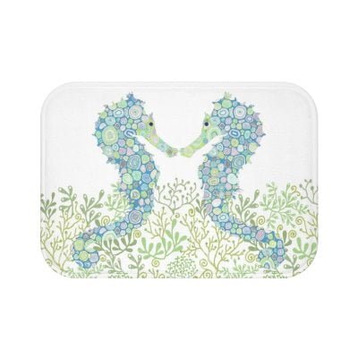 Blue And Green Seahorse Non Slip Super Soft Memory Foam Bath Mat For Kids Bathroom Decor - 24
