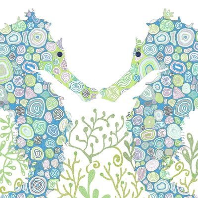 Kids Shower Curtain with blue and green seahorse design