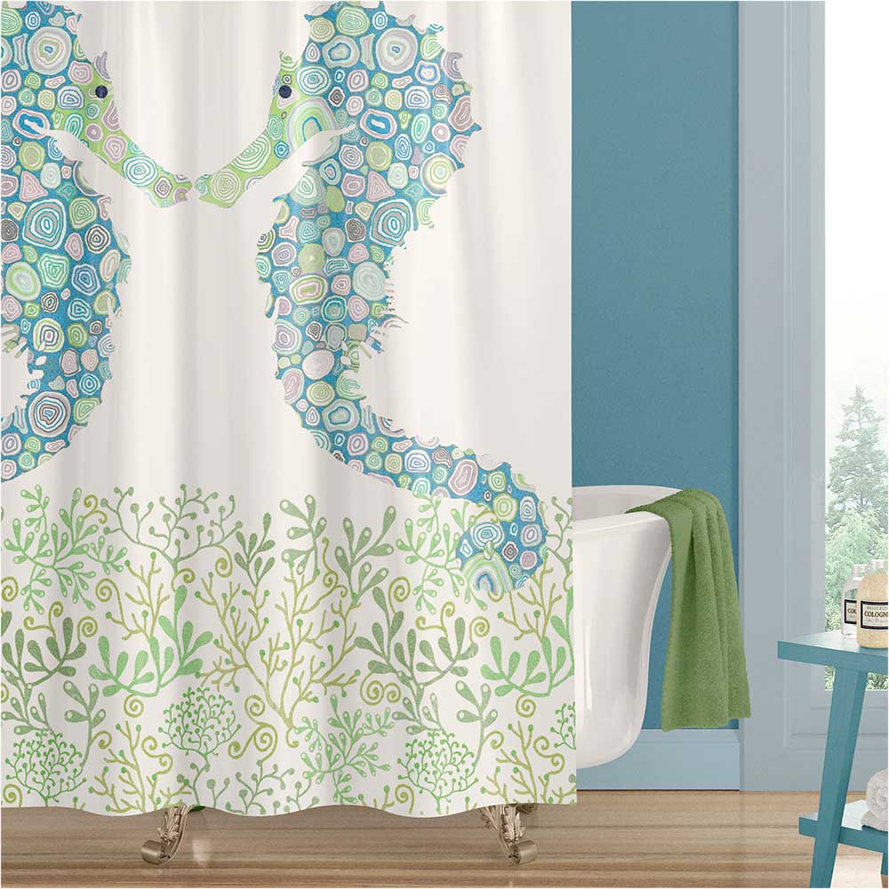 PREMIUM Luxurious Fabric Shower Curtain For Kids Bathroom - Artistic Blue And Green Seahorse Design - Mold Resistant - Waterproof - 71"x74" - Image 6