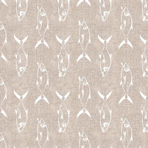 close up of coastal shower curtain with fish print