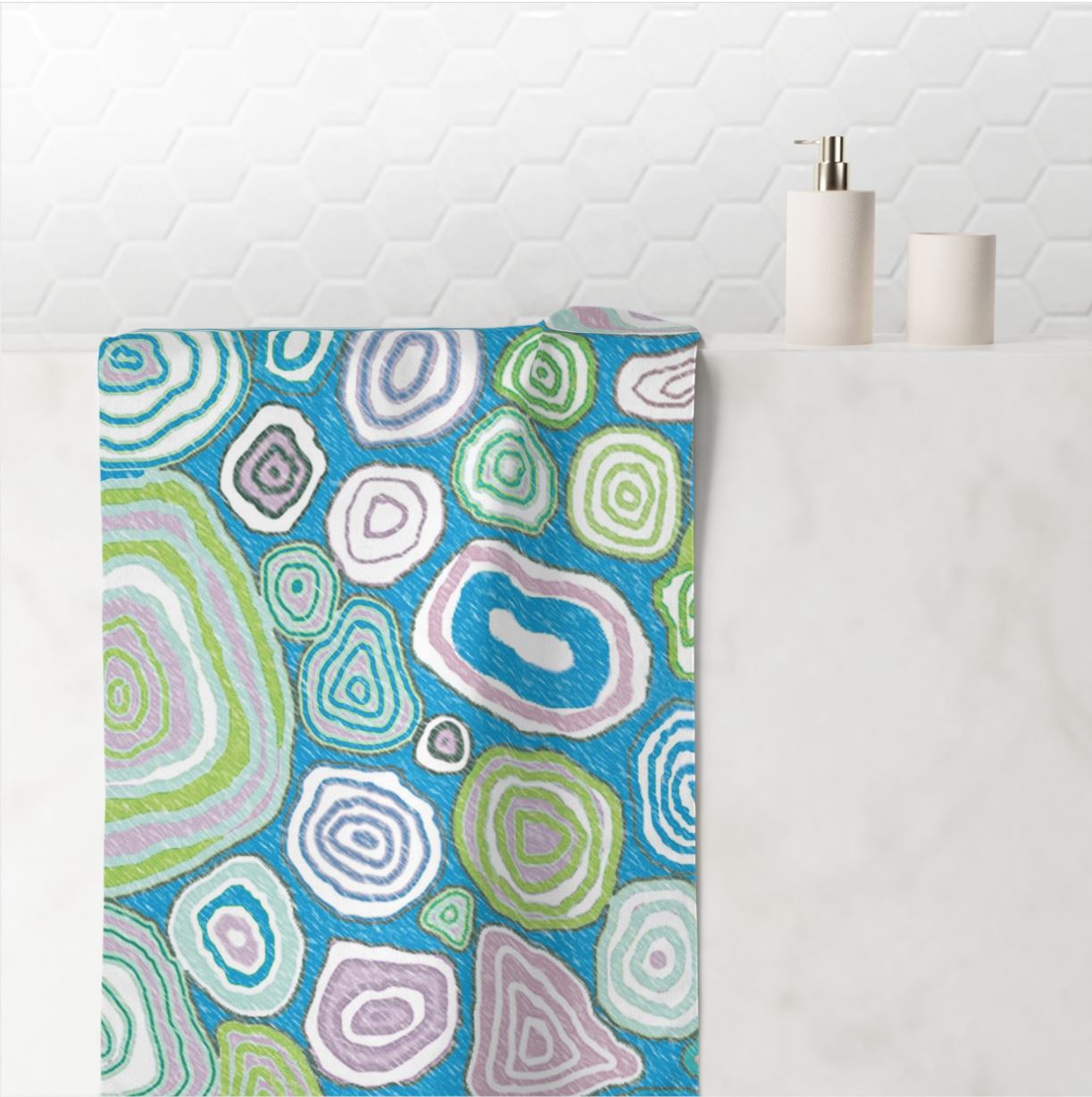 blue and green ocean circles hand towel for kids bathroom