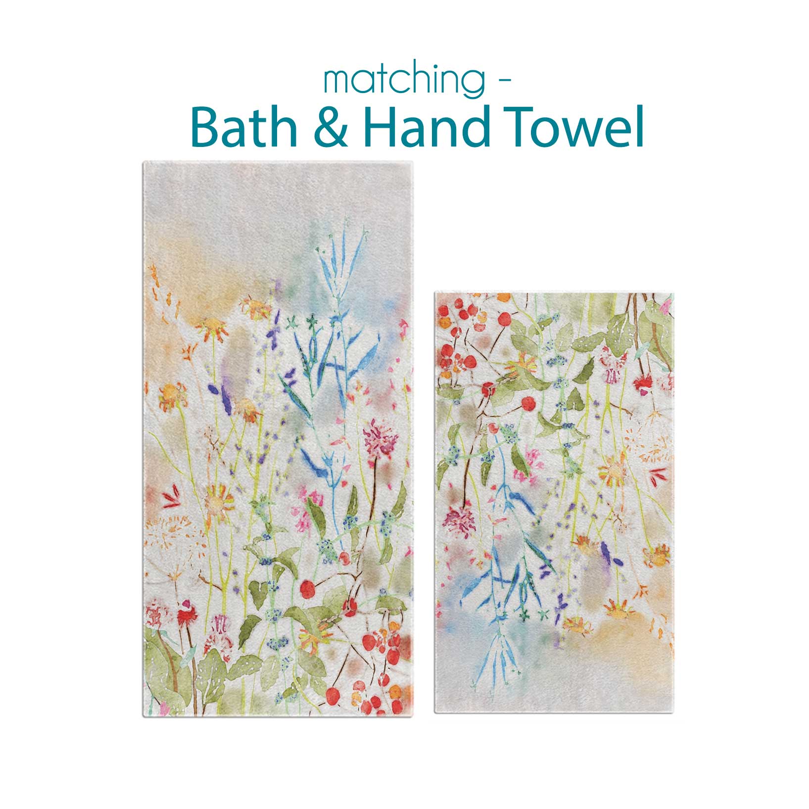 Colorful wildflower floral patterned hand and bath towel set with velour front and cotton terry back.