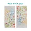Colorful wildflower floral patterned bath towel set with velour front and cotton terry back.