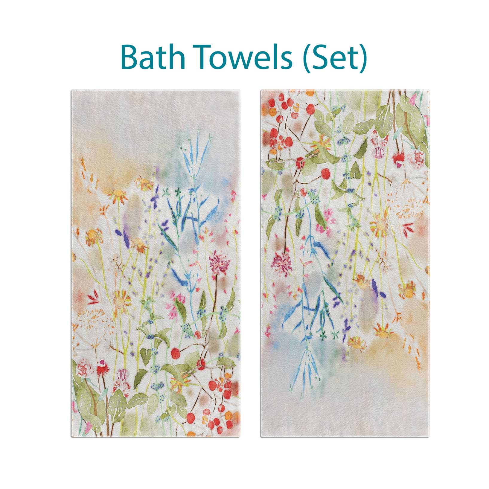 Colorful wildflower floral patterned bath towel set with velour front and cotton terry back.
